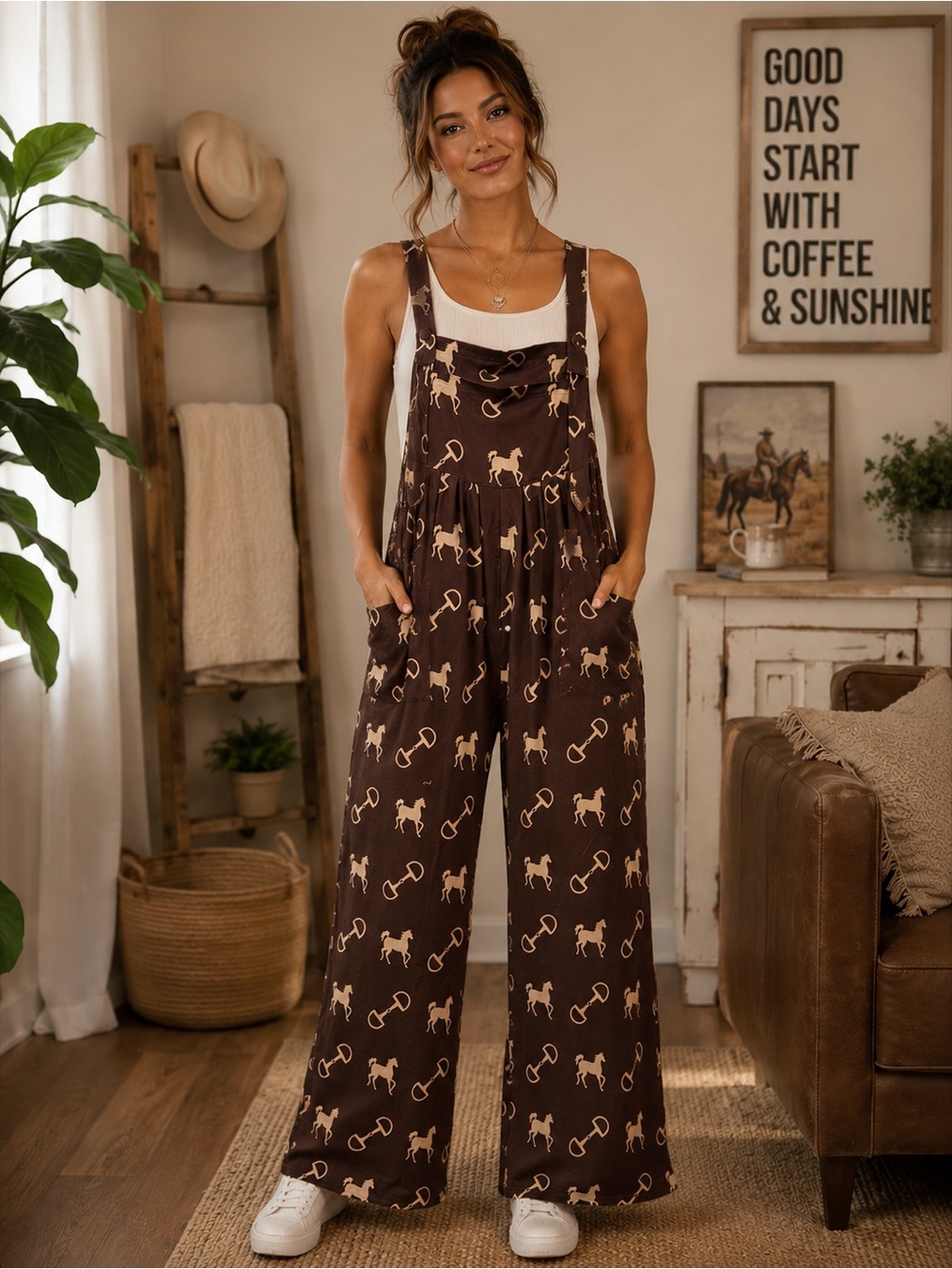 Horse Printed Wide-Leg Overalls. Brown and Creme.